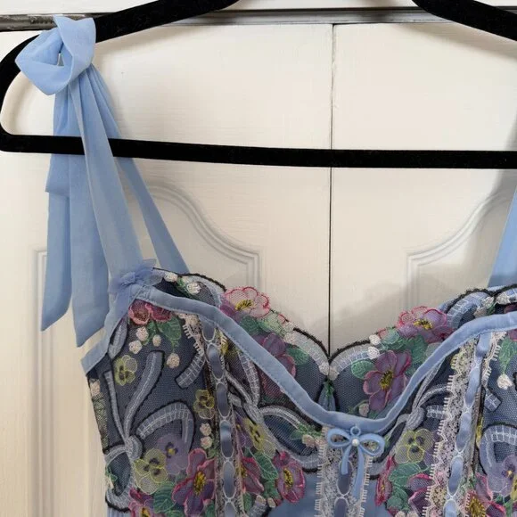 Blue Floral Embroidered Corset Top – Lace Trim Ribbon Tie Cami - Picture 4 of 9
